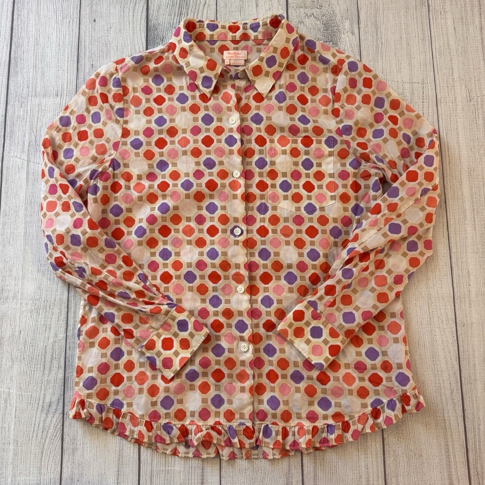 Kate Spade Florence Broadhurst Geo Print Ruffle Hem Button Shirt Blouse Size 10